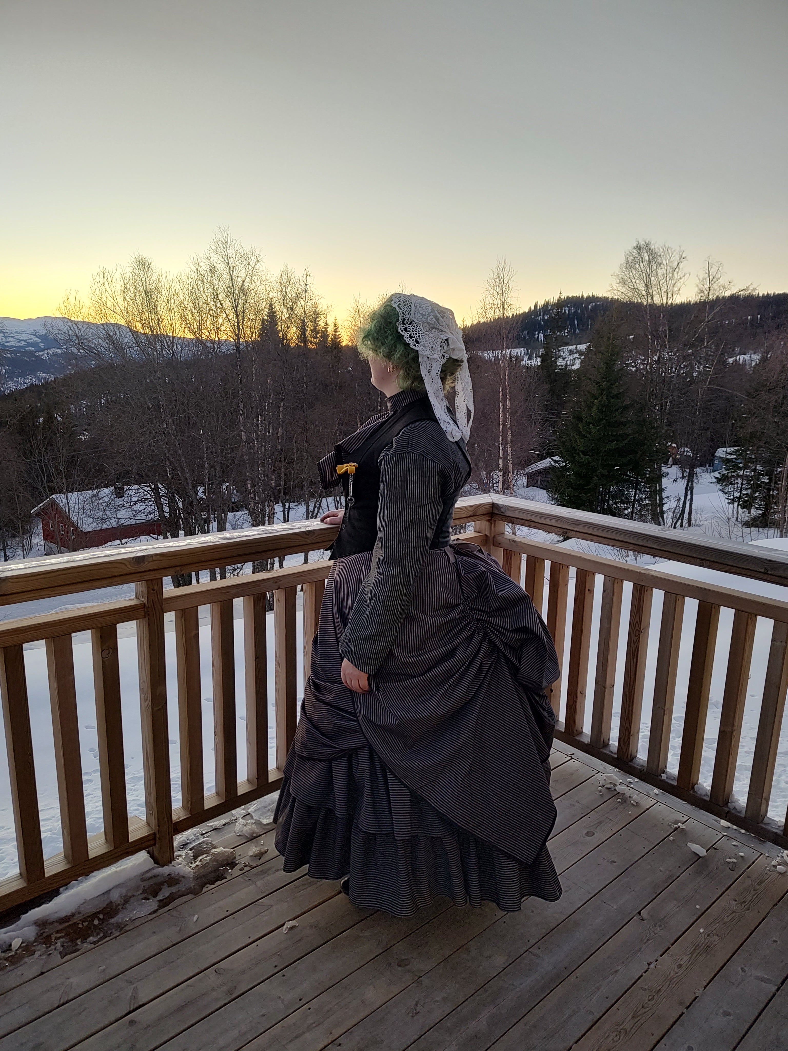 Sortstripet bustle dress 1880, XL